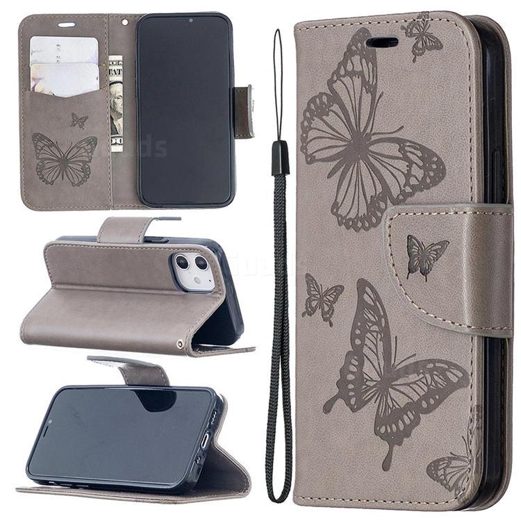 Embossing Double Butterfly Leather Wallet Case for iPhone 12 mini (5.4 inch) - Gray