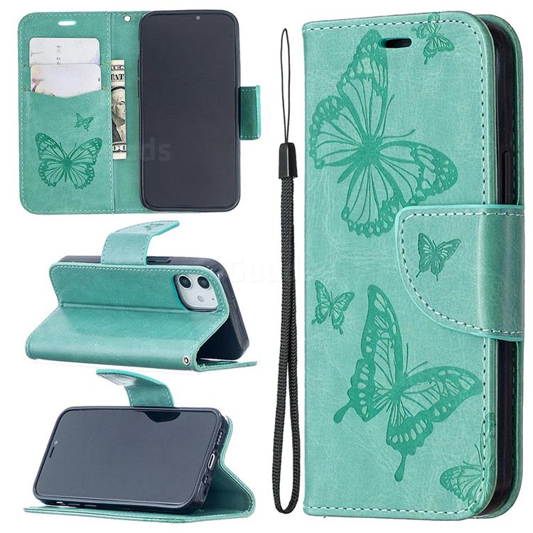 Embossing Double Butterfly Leather Wallet Case for iPhone 12 mini (5.4 inch) - Green