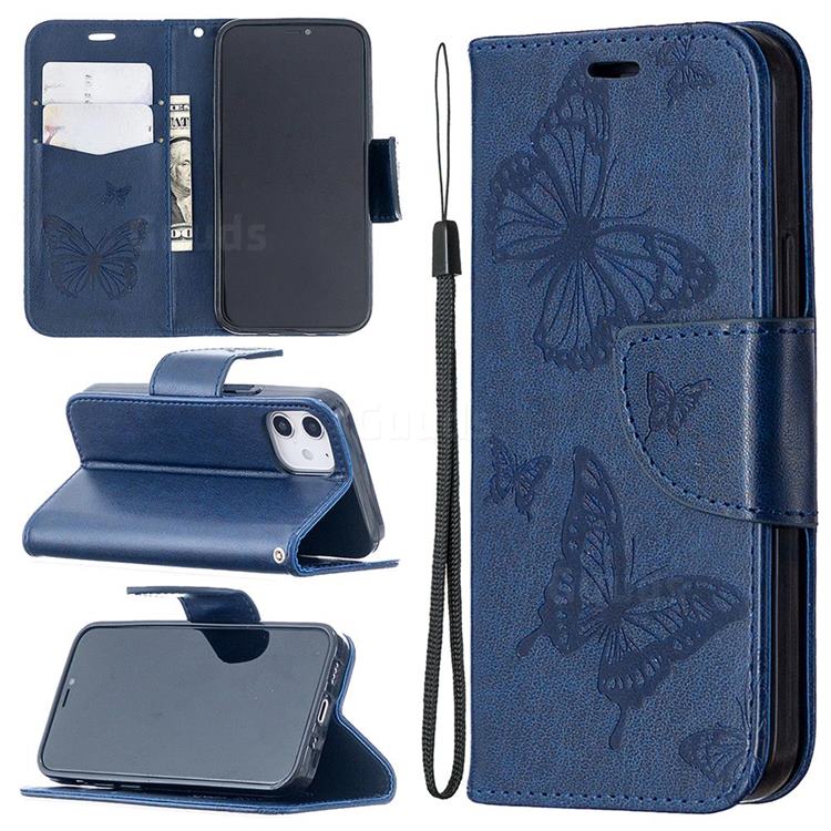 Embossing Double Butterfly Leather Wallet Case for iPhone 12 mini (5.4 inch) - Dark Blue