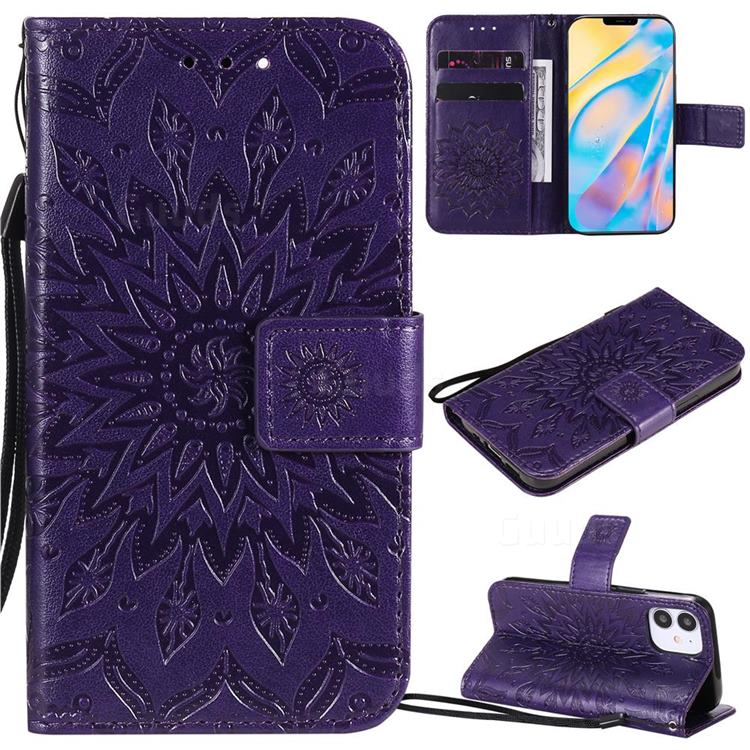 Embossing Sunflower Leather Wallet Case for iPhone 12 mini (5.4 inch) - Purple