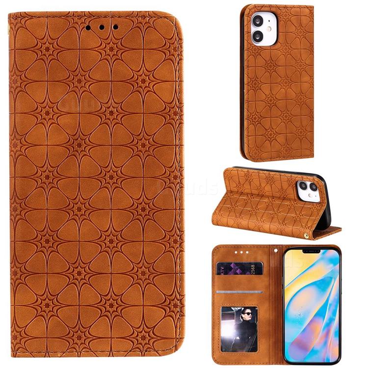 Intricate Embossing Four Leaf Clover Leather Wallet Case for iPhone 12 mini (5.4 inch) - Yellowish Brown