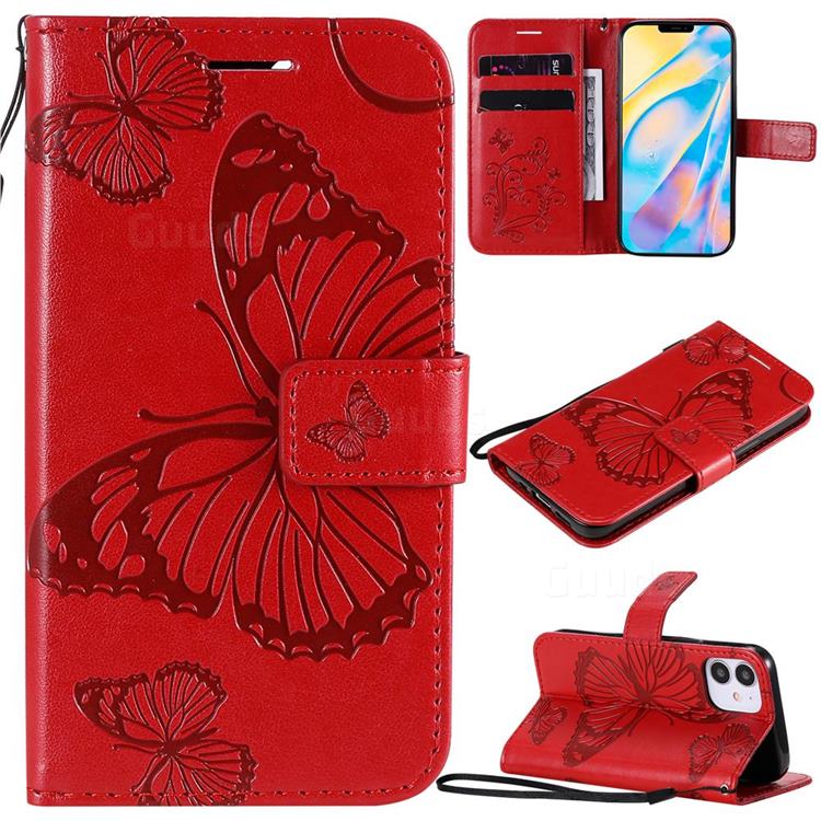 Embossing 3D Butterfly Leather Wallet Case for iPhone 12 mini (5.4 inch) - Red