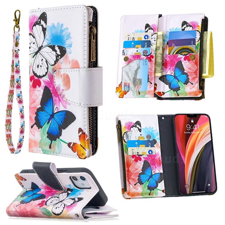 Vivid Flying Butterflies Binfen Color BF03 Retro Zipper Leather Wallet Phone Case for iPhone 12 mini (5.4 inch)