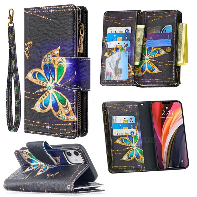 Golden Shining Butterfly Binfen Color BF03 Retro Zipper Leather Wallet Phone Case for iPhone 12 mini (5.4 inch)