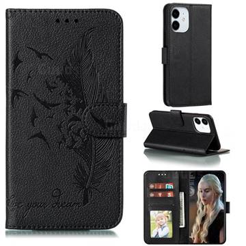 Intricate Embossing Lychee Feather Bird Leather Wallet Case for iPhone 12 mini (5.4 inch) - Black