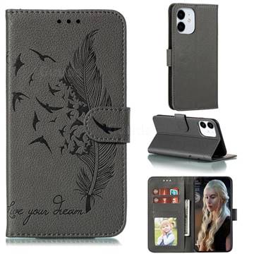Intricate Embossing Lychee Feather Bird Leather Wallet Case for iPhone 12 mini (5.4 inch) - Gray