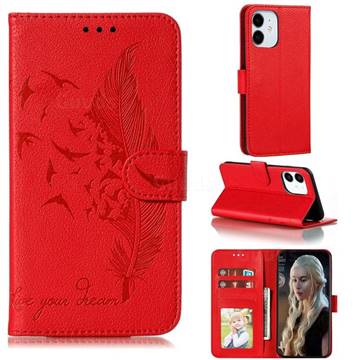 Intricate Embossing Lychee Feather Bird Leather Wallet Case for iPhone 12 mini (5.4 inch) - Red