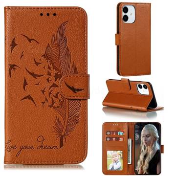 Intricate Embossing Lychee Feather Bird Leather Wallet Case for iPhone 12 mini (5.4 inch) - Brown