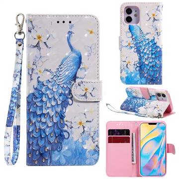Blue Peacock 3D Painted Leather Wallet Phone Case for iPhone 12 mini (5.4 inch)