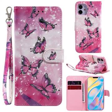Pink Butterfly 3D Painted Leather Wallet Phone Case for iPhone 12 mini (5.4 inch)