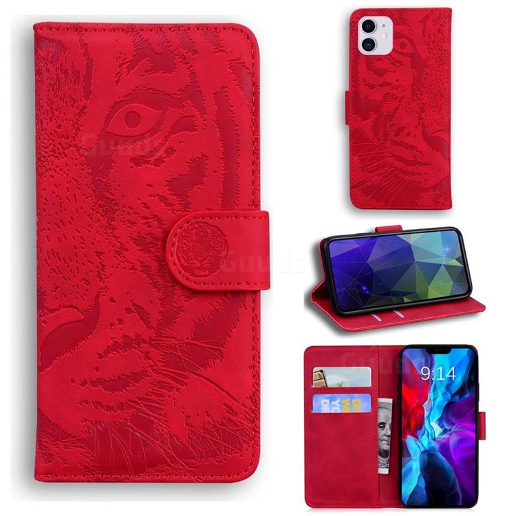 Intricate Embossing Tiger Face Leather Wallet Case for iPhone 12 mini (5.4 inch) - Red