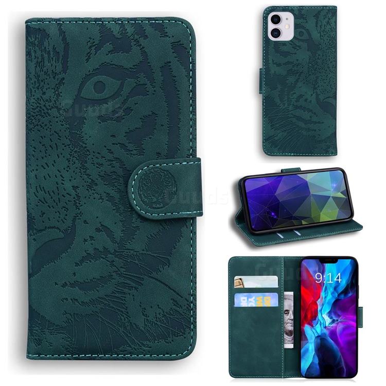 Intricate Embossing Tiger Face Leather Wallet Case for iPhone 12 mini (5.4 inch) - Green