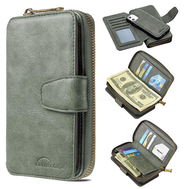 Binfen Color Retro Buckle Zipper Multifunction Leather Phone Wallet for iPhone 12 mini (5.4 inch) - Celadon