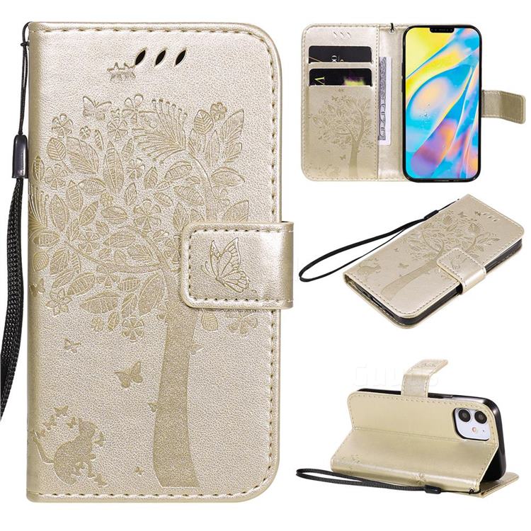 Embossing Butterfly Tree Leather Wallet Case for iPhone 12 mini (5.4 inch) - Champagne