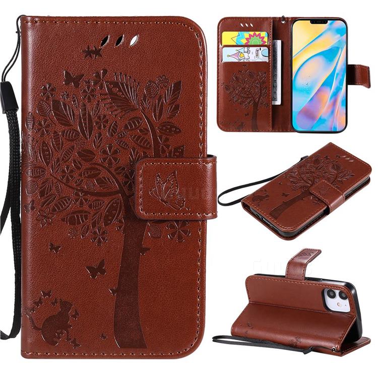 Embossing Butterfly Tree Leather Wallet Case for iPhone 12 mini (5.4 inch) - Coffee