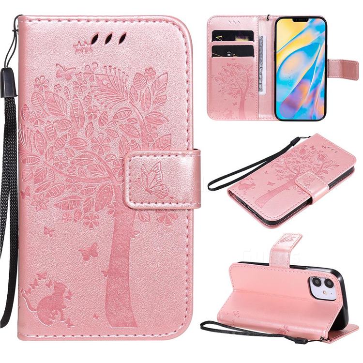 Embossing Butterfly Tree Leather Wallet Case for iPhone 12 mini (5.4 inch) - Rose Pink