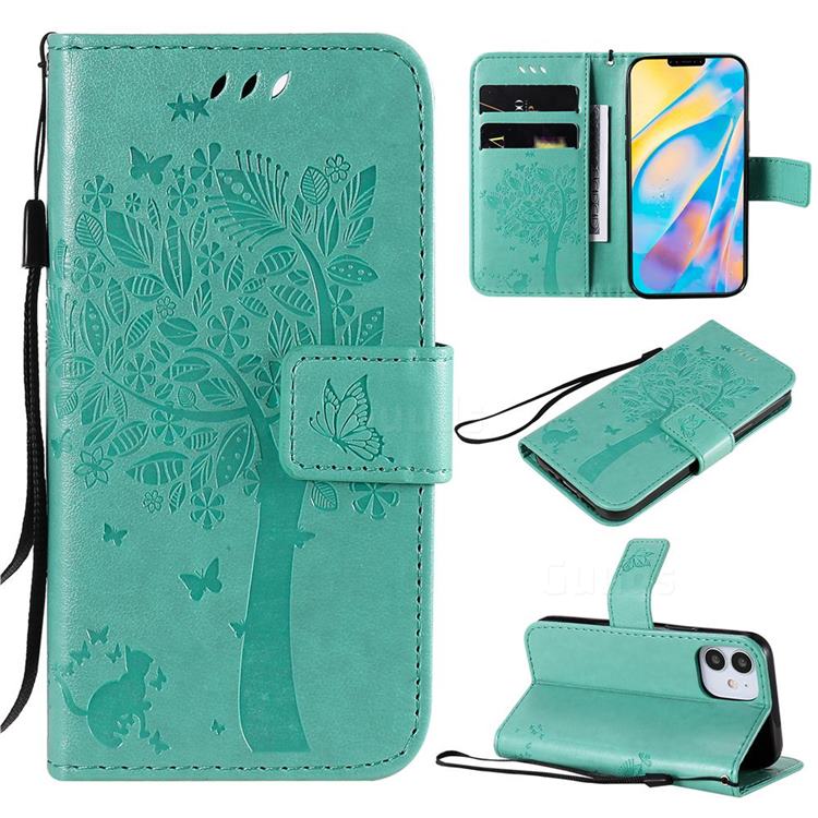 Embossing Butterfly Tree Leather Wallet Case for iPhone 12 mini (5.4 inch) - Cyan