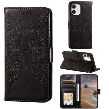 Intricate Embossing Rose Flower Butterfly Leather Wallet Case for iPhone 12 mini (5.4 inch) - Black
