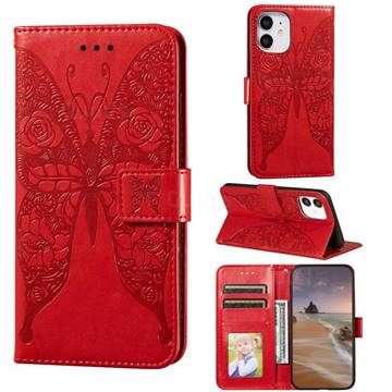 Intricate Embossing Rose Flower Butterfly Leather Wallet Case for iPhone 12 mini (5.4 inch) - Red