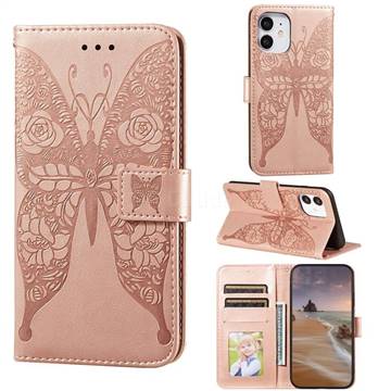 Intricate Embossing Rose Flower Butterfly Leather Wallet Case for iPhone 12 mini (5.4 inch) - Rose Gold