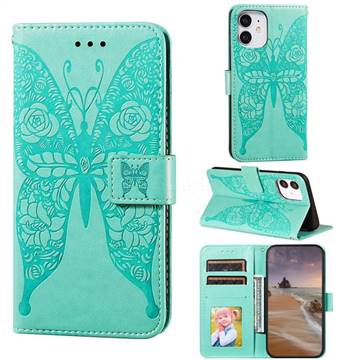 Intricate Embossing Rose Flower Butterfly Leather Wallet Case for iPhone 12 mini (5.4 inch) - Green