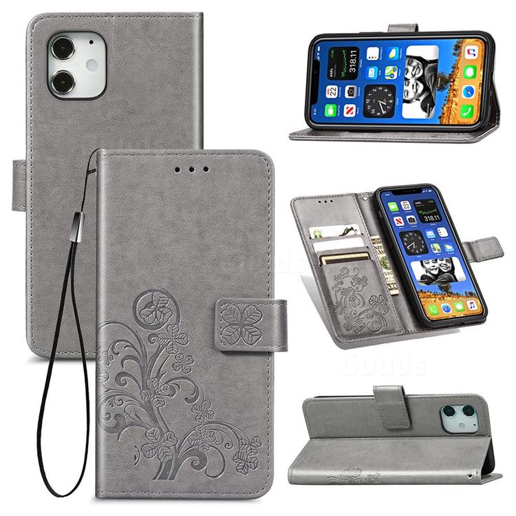 Embossing Imprint Four-Leaf Clover Leather Wallet Case for iPhone 12 mini (5.4 inch) - Grey