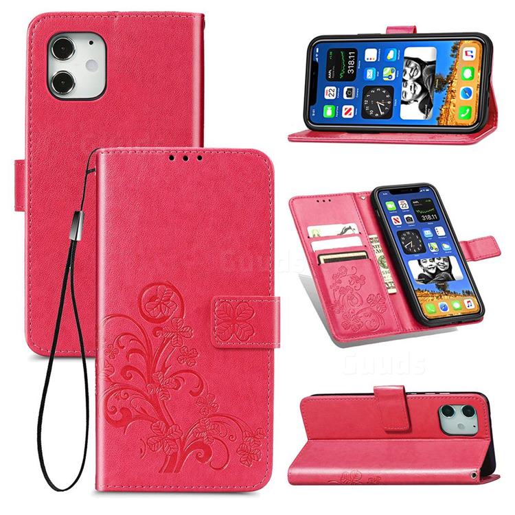 Embossing Imprint Four-Leaf Clover Leather Wallet Case for iPhone 12 mini (5.4 inch) - Rose Red