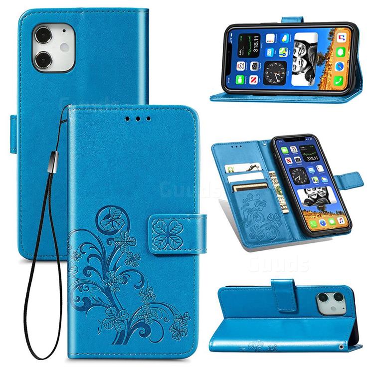 Embossing Imprint Four-Leaf Clover Leather Wallet Case for iPhone 12 mini (5.4 inch) - Blue