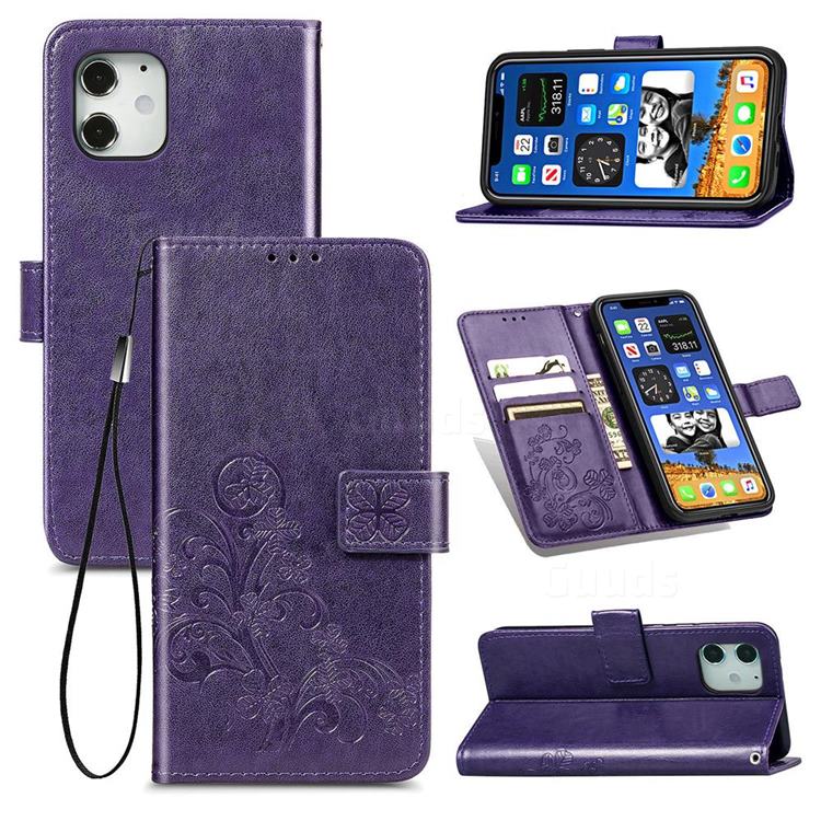 Embossing Imprint Four-Leaf Clover Leather Wallet Case for iPhone 12 mini (5.4 inch) - Purple
