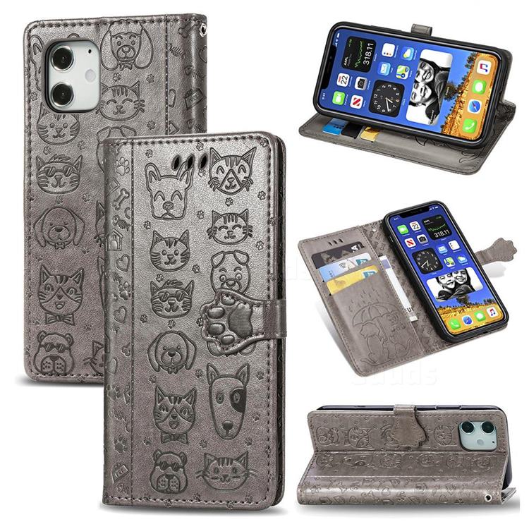 Embossing Dog Paw Kitten and Puppy Leather Wallet Case for iPhone 12 mini (5.4 inch) - Gray