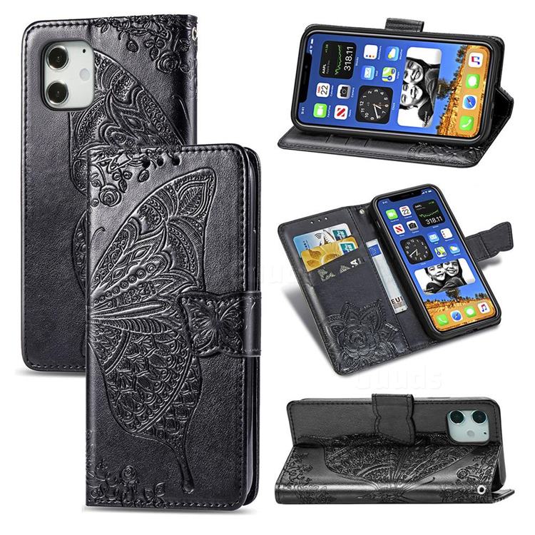Embossing Mandala Flower Butterfly Leather Wallet Case for iPhone 12 mini (5.4 inch) - Black