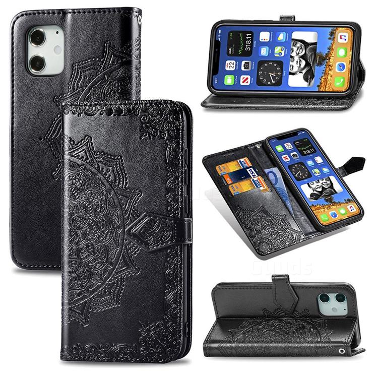 Embossing Imprint Mandala Flower Leather Wallet Case for iPhone 12 mini (5.4 inch) - Black