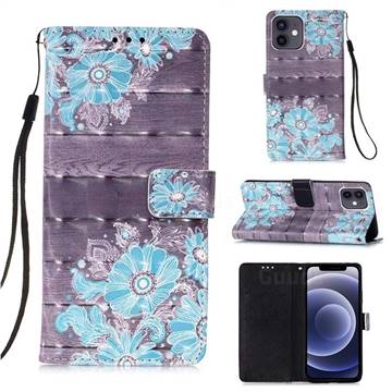 Blue Flower 3D Painted Leather Wallet Case for iPhone 12 mini (5.4 inch)