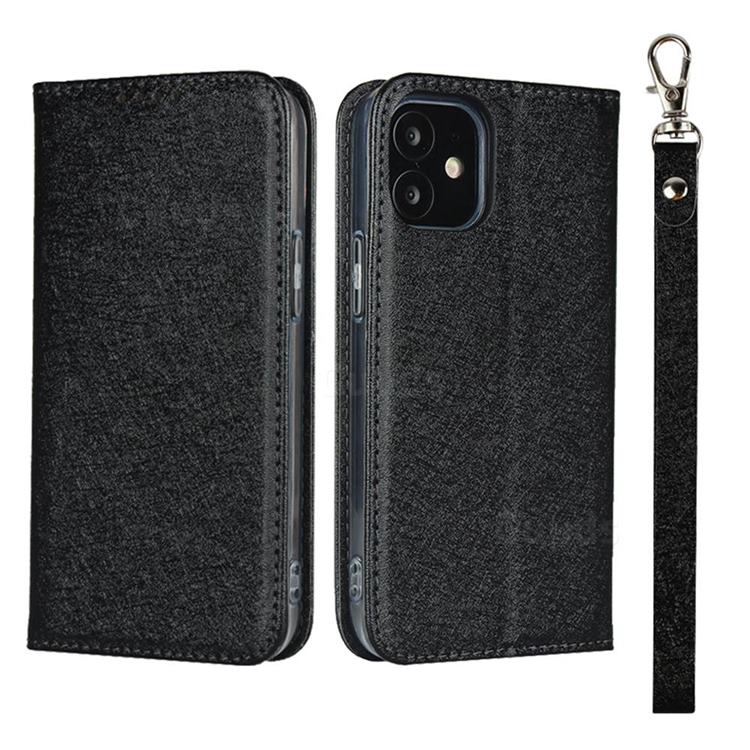 Ultra Slim Magnetic Automatic Suction Silk Lanyard Leather Flip Cover for iPhone 12 mini (5.4 inch) - Black
