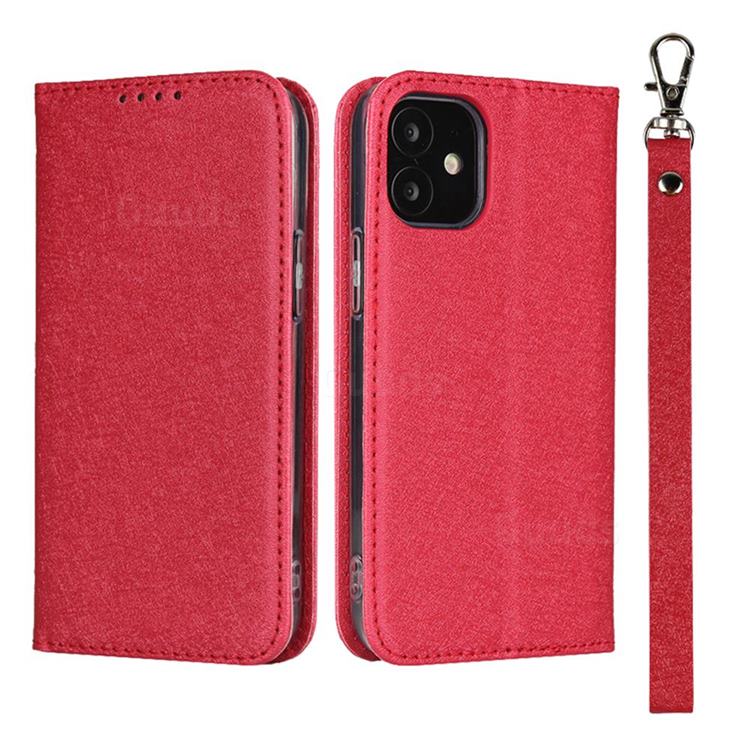 Ultra Slim Magnetic Automatic Suction Silk Lanyard Leather Flip Cover for iPhone 12 mini (5.4 inch) - Red