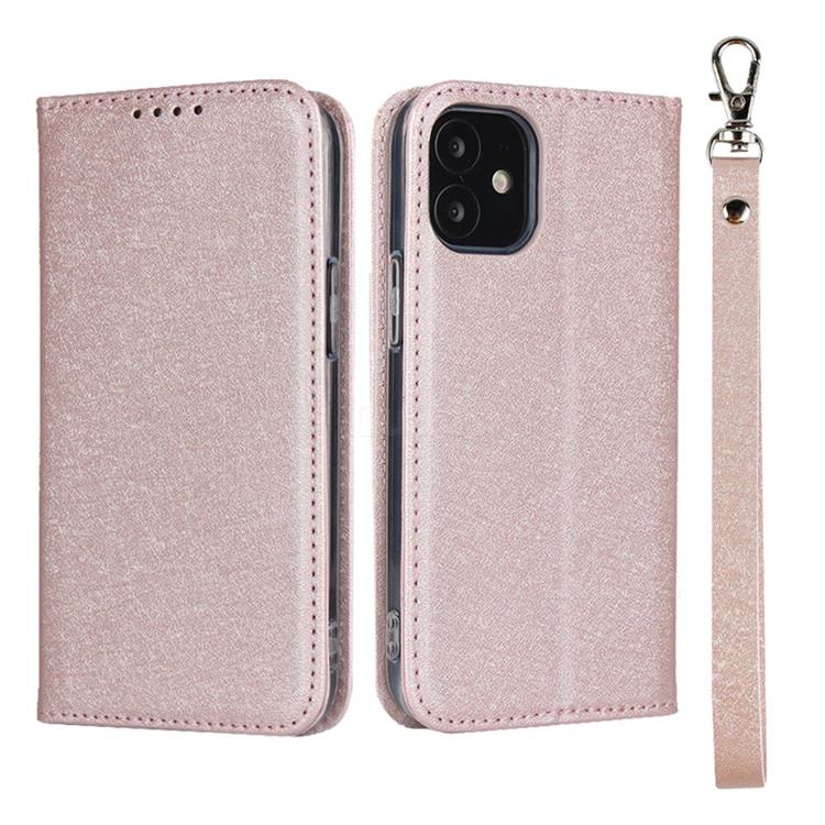 Ultra Slim Magnetic Automatic Suction Silk Lanyard Leather Flip Cover for iPhone 12 mini (5.4 inch) - Rose Gold