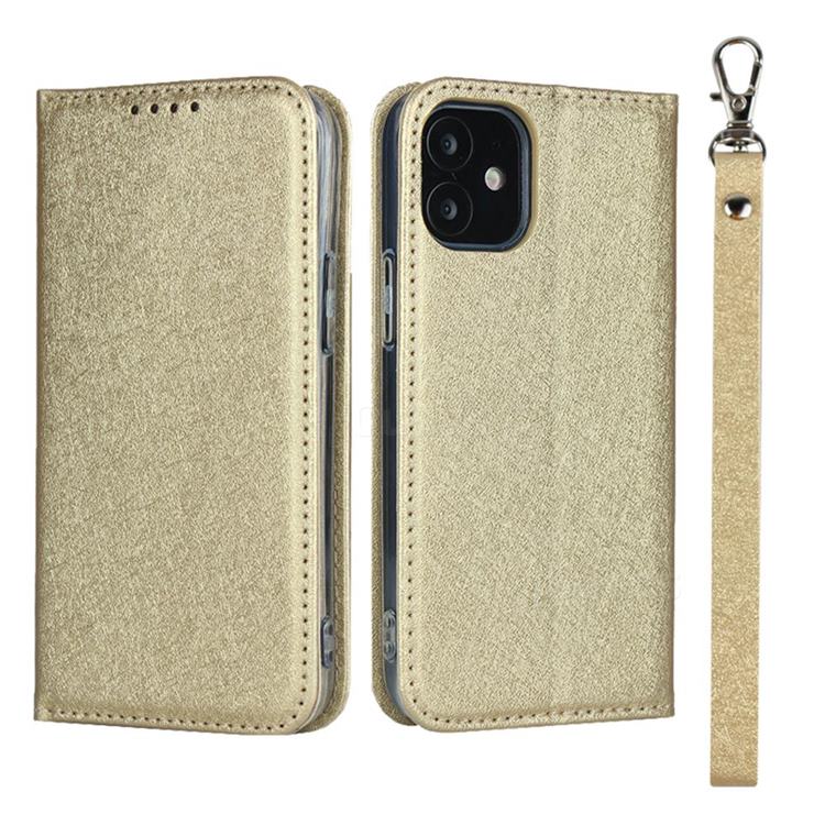 Ultra Slim Magnetic Automatic Suction Silk Lanyard Leather Flip Cover for iPhone 12 mini (5.4 inch) - Golden