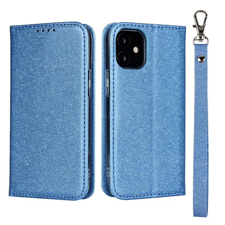 Ultra Slim Magnetic Automatic Suction Silk Lanyard Leather Flip Cover for iPhone 12 mini (5.4 inch) - Sky Blue