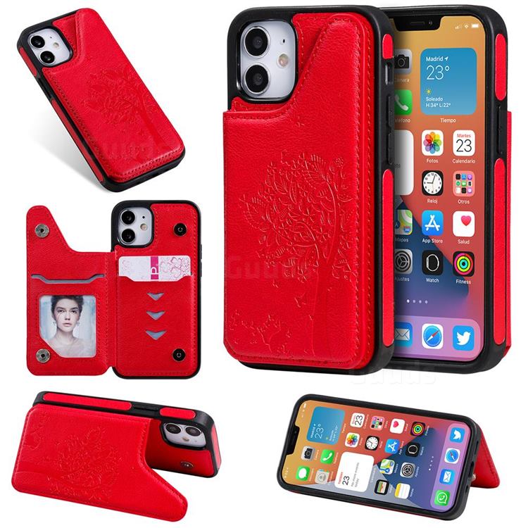 Luxury Tree and Cat Multifunction Magnetic Card Slots Stand Leather Phone Back Cover for iPhone 12 mini (5.4 inch) - Red