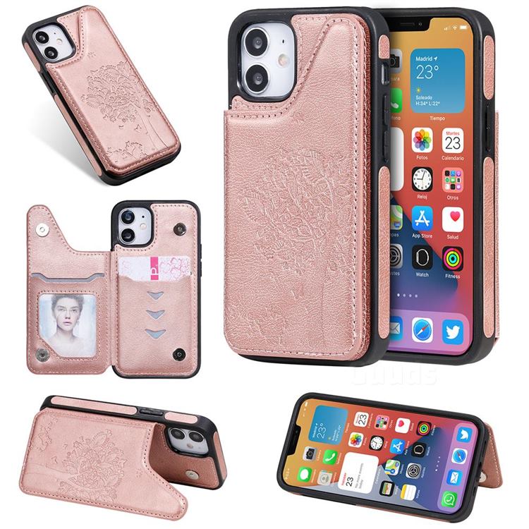 Luxury Tree and Cat Multifunction Magnetic Card Slots Stand Leather Phone Back Cover for iPhone 12 mini (5.4 inch) - Rose Gold