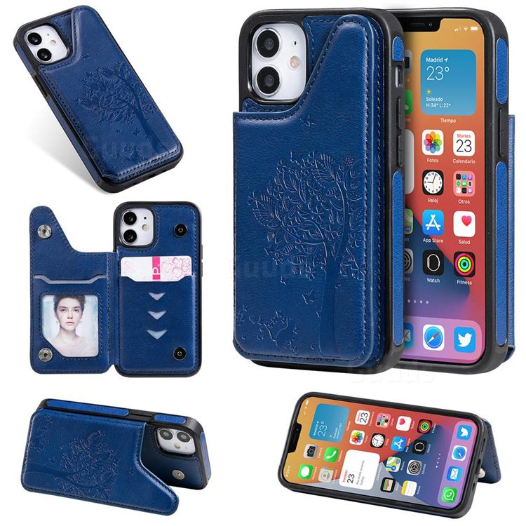 Luxury Tree and Cat Multifunction Magnetic Card Slots Stand Leather Phone Back Cover for iPhone 12 mini (5.4 inch) - Blue