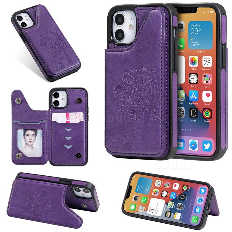 Luxury Tree and Cat Multifunction Magnetic Card Slots Stand Leather Phone Back Cover for iPhone 12 mini (5.4 inch) - Purple