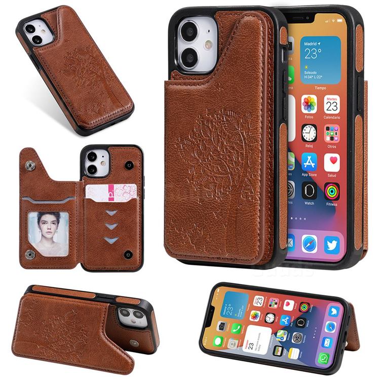 Luxury Tree and Cat Multifunction Magnetic Card Slots Stand Leather Phone Back Cover for iPhone 12 mini (5.4 inch) - Brown