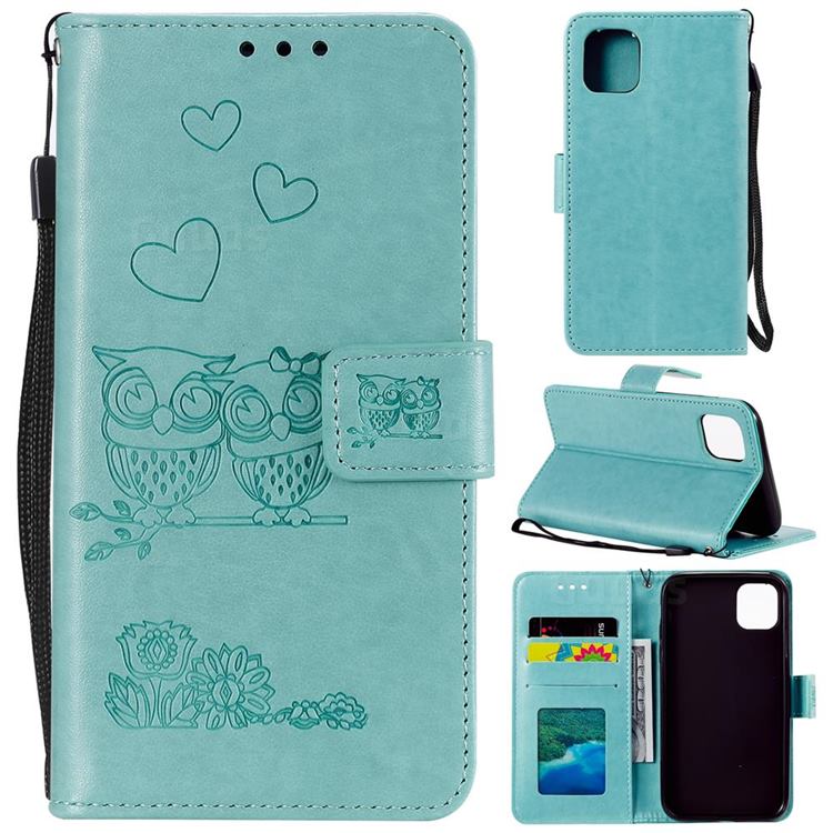 Embossing Owl Couple Flower Leather Wallet Case for iPhone 12 mini (5.4 inch) - Green