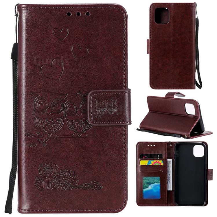 Embossing Owl Couple Flower Leather Wallet Case for iPhone 12 mini (5.4 inch) - Brown