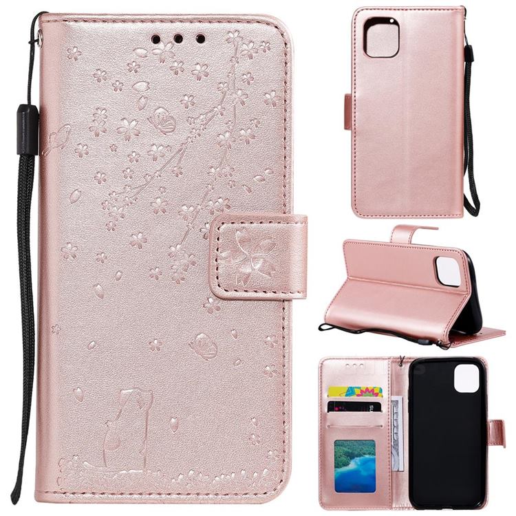 Embossing Cherry Blossom Cat Leather Wallet Case for iPhone 12 mini (5.4 inch) - Rose Gold