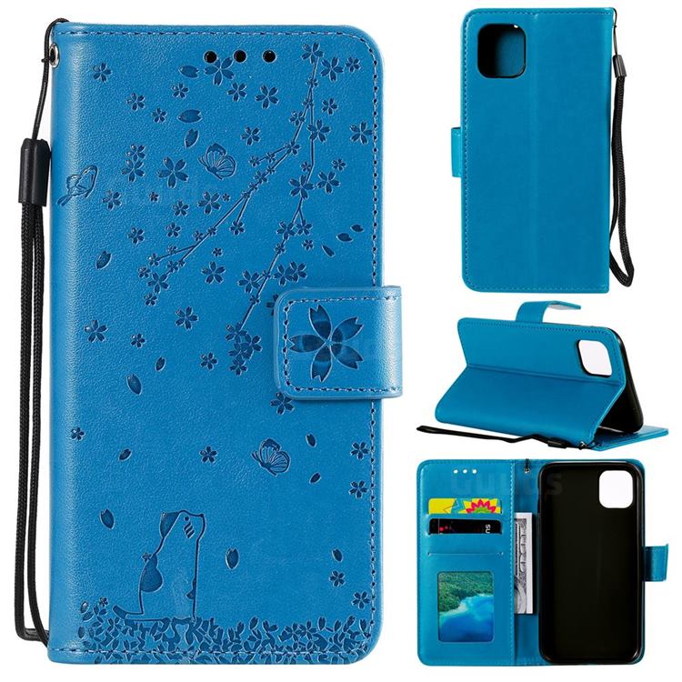 Embossing Cherry Blossom Cat Leather Wallet Case for iPhone 12 mini (5.4 inch) - Blue