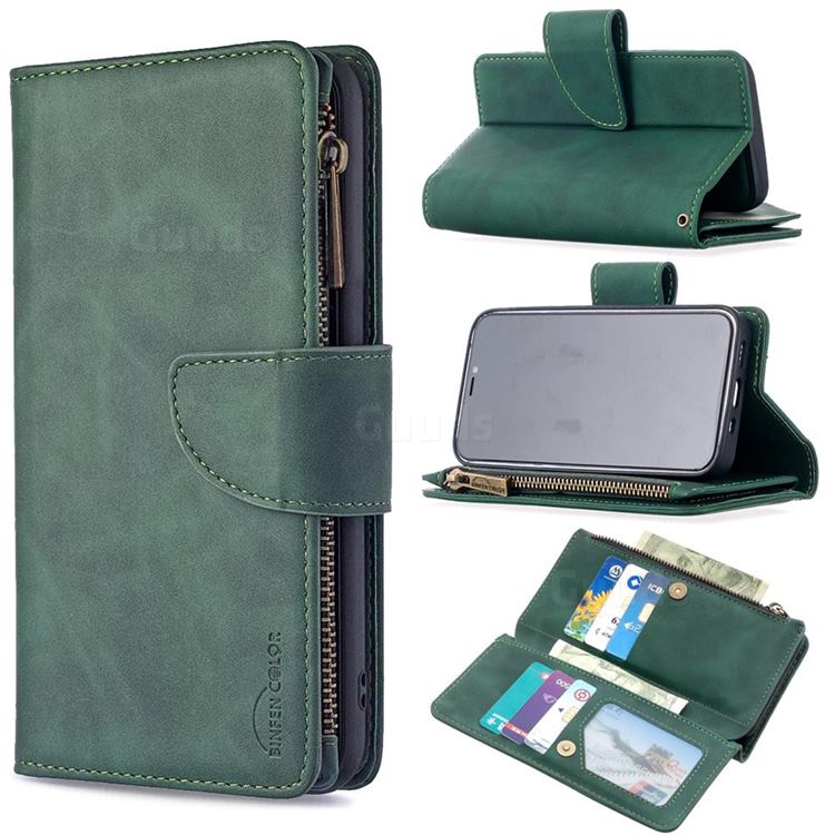 Binfen Color BF02 Sensory Buckle Zipper Multifunction Leather Phone Wallet for iPhone 12 mini (5.4 inch) - Dark Green
