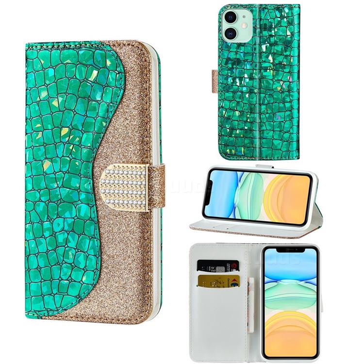 Glitter Diamond Buckle Laser Stitching Leather Wallet Phone Case for iPhone 12 mini (5.4 inch) - Green