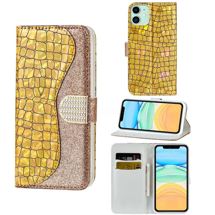 Glitter Diamond Buckle Laser Stitching Leather Wallet Phone Case for iPhone 12 mini (5.4 inch) - Gold